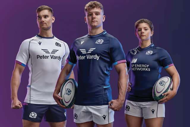 James Lang, Darcy Graham and Lisa Thomson modelling the Scottish national rugby teams' new kits (Photo: Scottish Rugby)