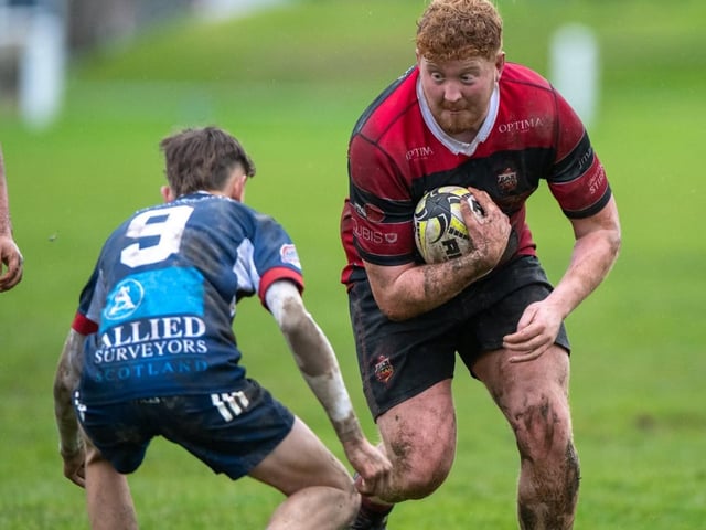 Alfie Lightfoot on defensive duty for Selkirk during their 29-12 loss at home to Stirling County at Philiphaugh on Saturday (Photo: Bryan Robertson)