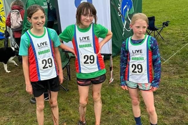 Annabel Cregan, Molly Trewartha and Rowan Johnston at Saturday's east district cross-country league meeting at Dundee (Pic: Gala Harriers)