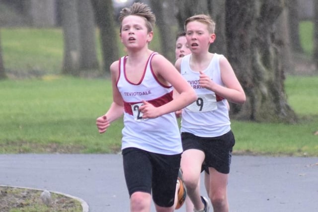Greg Watson, left, won the under-13 boys' junior shield at Teviotdale Harriers' 2023 club championships at Hawick's Wilton Lodge Park on Saturday