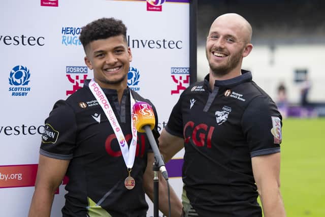 Man-of-the-match Jacob Henry with Southern Knights captain Nyle Godsmark after yesterday's 36-15 victory against Heriot's in Edinburgh (Photo by Paul Devlin/SNS Group/SRU)