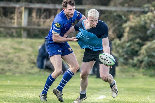 Jed-Forest's Robbie Shirra-Gibb tackling Berwick Bear Euan Thomson at the latter's home-town sevens at the weekend