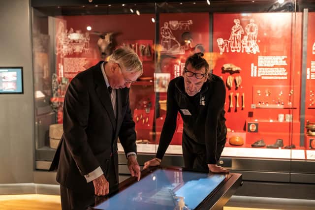 The Duke of Gloucester in the Trimontium Museum with heritage officer Rob Longworth.
