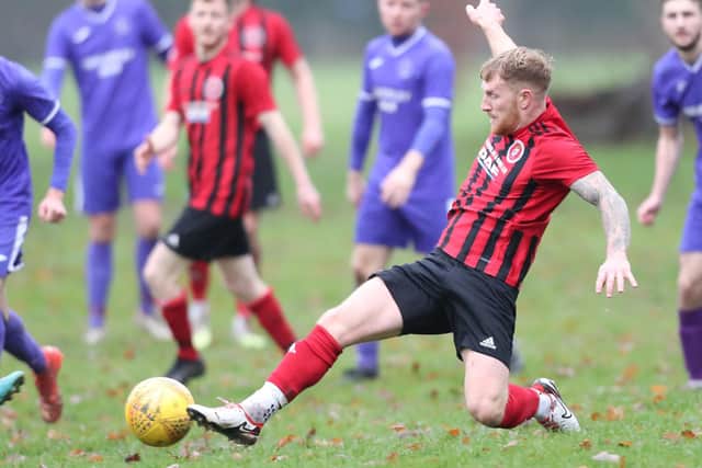 Mark Weatherburn, pictured in prior action, scored twice for Duns Amateurs against Chirnside United on Saturday (Pic: Brian Sutherland)