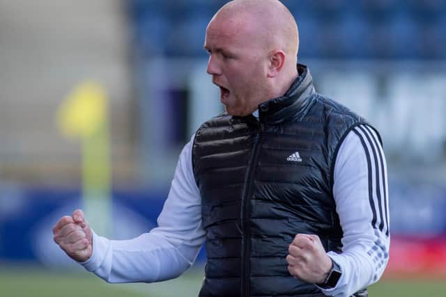 Gala Fairydean Rovers gaffer Neil Hastiings celebrating at full-time after seeing his side beat East Stirlingshire 1-0 at the Falkirk Stadium (Photo: Thomas Brown)
*** NOT FOR SYNDICATION ***