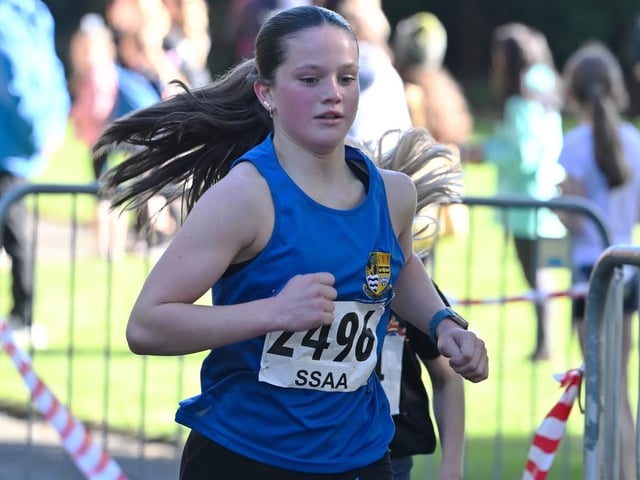 Galashiels Academy’s Freya Ainslie at 2026’s Scottish Schools Athletics Association road-race championships, held in Fife this month (Photo: Neil Renton)
