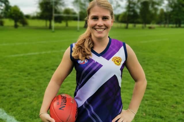 Melrose's Erin Maguire in her Scotland jersey ahead of the AFL Euro Cup in Edinburgh in June