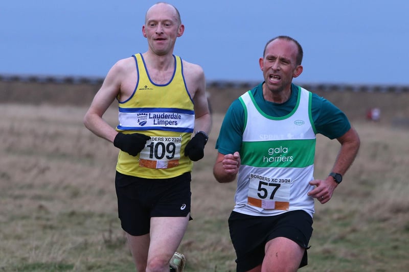 Lauderdale Limper Leahn Parry, left, and Gala Harrier Tim Darlow taking part in Sunday's Borders Cross-Country Series senior race at Dunbar
