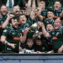 Hawick players celebrating winning rugby's 2023 Scottish cup last May by beating Marr 31-13 at Edinburgh's Murrayfield Stadium (Photo by Mark Scates/SNS Group/SRU)