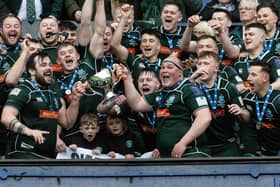 Hawick players celebrating winning rugby's 2023 Scottish cup last May by beating Marr 31-13 at Edinburgh's Murrayfield Stadium (Photo by Mark Scates/SNS Group/SRU)