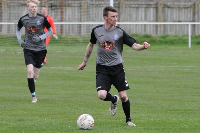 Ian Gardiner on the ball during Selkirk Victoria's 4-2 win at home at Yarrow Park to Lauder on Saturday in the Border Amateur Football Association's B division (Photo: Grant Kinghorn)