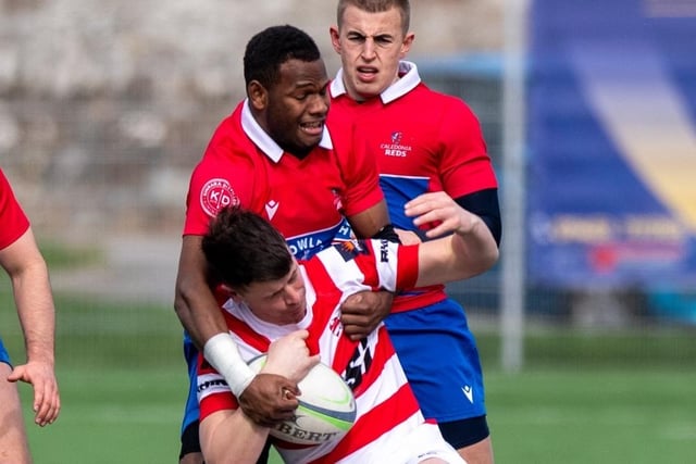 Kirk Ford being tackled during South of Scotland's 36-18 national inter-district championship victory away to Caledonia Reds in Inverness on Saturday (Photo: Bryan Robertson)