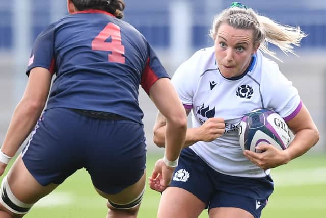 Scotland's Chloe Rollie on the ball versus the USA in Edinburgh in August (Photo by Ross MacDonald/SNS Group/SRU)