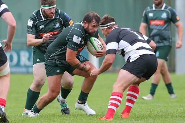 Hawick captain Shawn Muir on the ball as his side beat Kelso 61-7 at home at Mansfield Park on Saturday (Photo: Brian Sutherland)