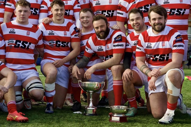 South of Scotland players celebrating their 36-18 national inter-district championship win against Caledonia Reds in Inverness on Saturday (Pic: Bryan Robertson)
