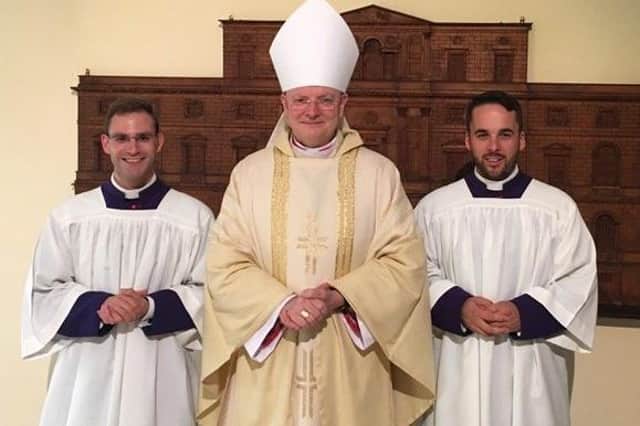 St Andrews and Edinburgh seminarians Martin Eckersley from Jedburgh, eft, and Galashiels' Bobby Taylor, right, from Galashiels, with Archbishop Leo Cushley at the Pontifical Scots College in Rome. Both Borderers have been sent home as a precaution against the coronavirus pandemic.