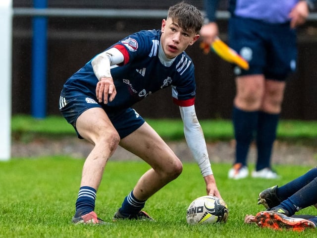 Scrum-half Alfie Lightfoot on the ball for Selkirk during their 29-12 loss at home to Stirling County at Philiphaugh on Saturday (Photo: Bryan Robertson)