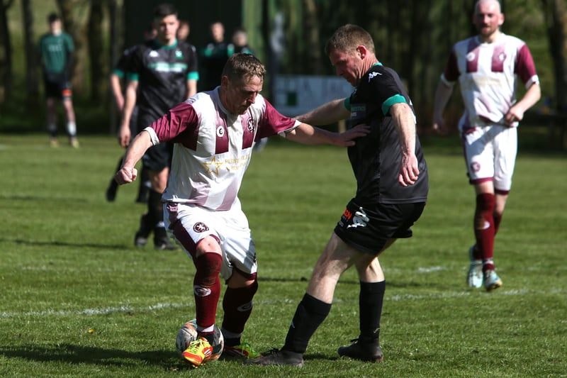 Des Sutherland in possession during Langlee Amateurs' 5-0 Waddell Cup quarter-final knockout of Greenlaw away at WS Happer Memorial Park on Saturday (Photo: Steve Cox)
