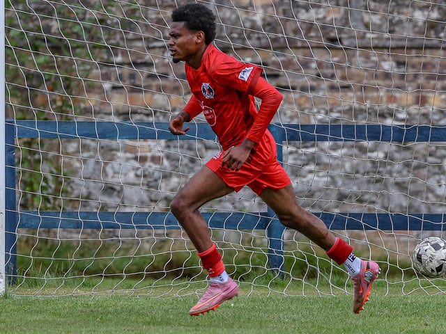 Ayoola Olusoji scoring for Hawick Royal Albert during their 3-2 win away to Vale of Leithen on Saturday (Photo: Hilary Isaac)