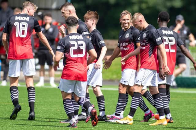 Gala Fairydean Rovers captain Danny Galbraith, third from right, and team-mates celebrating one of their three goals against Newtongrange Star on Saturday (Photo: Thomas Brown)