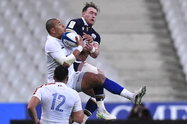 Gael Fickou of France battles for the ball with Stuart Hogg of Scotland during the Guinness Six Nations Rugby Championship match between France and Scotland at the Stade de France on March 26, 2021, in Paris (Photo by Aurelien Meunier/Getty Images)