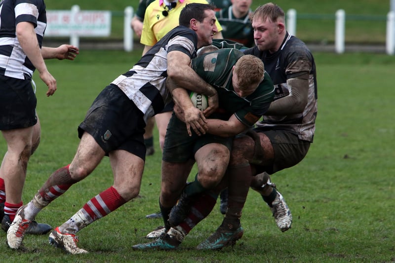 Andy Tait and Cammy Brown getting a tackle in during Hawick's 25-9 win against Kelso at home at Mansfield Park on Saturday in this year's Scottish Premiership semi-final play-offs (Photo: Steve Cox)