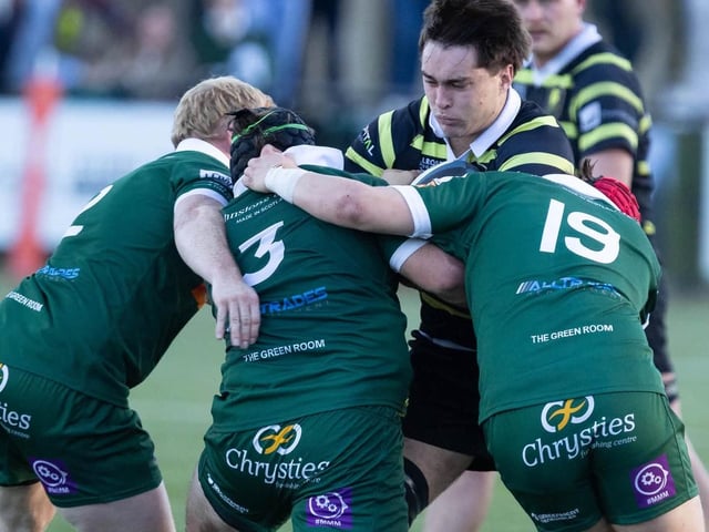Fraser Renwick, Rogan Huntley and Niall Vevers making a challenge for Hawick as they lost 33-12 away to Melrose at the Greenyards on Saturday (Photo: Andy McLean)