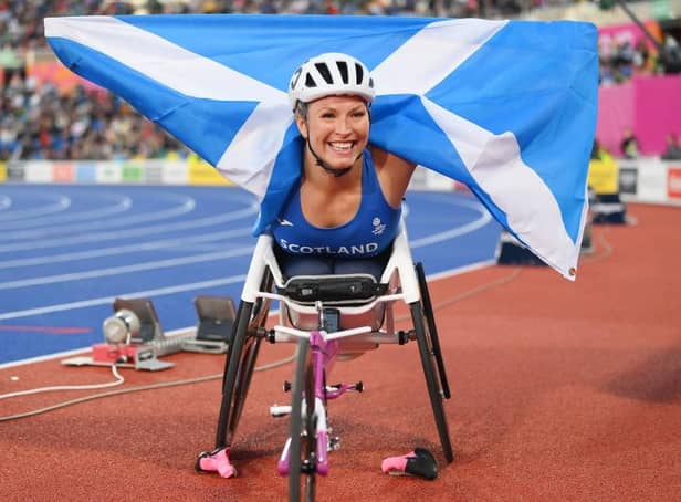 Borderer Samantha Kinghorn celebrating winning a bronze medal in the women's T53/54 1,500m final on day seven of the Birmingham 2022 Commonwealth Games at Alexander Stadium last night (Photo by David Ramos/Getty Images)