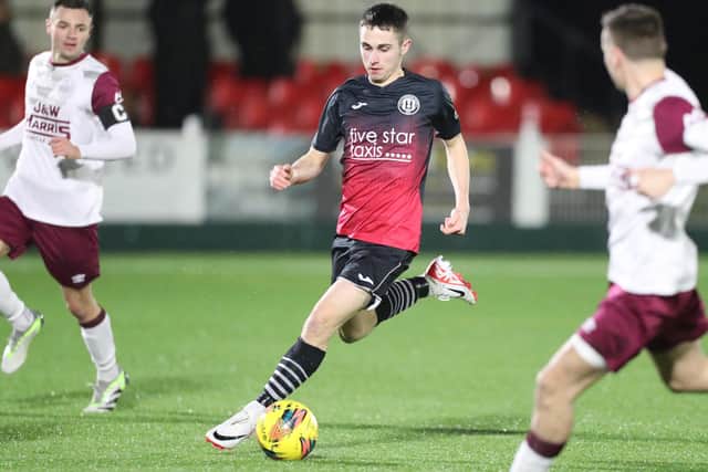 Quinn Mitchell in possession for Gala Fairydean Rovers during their 6-1 loss at home to Linlithgow Rose at Galashiels' Netherdale Stadium on Saturday (Photo: Brian Sutherland)