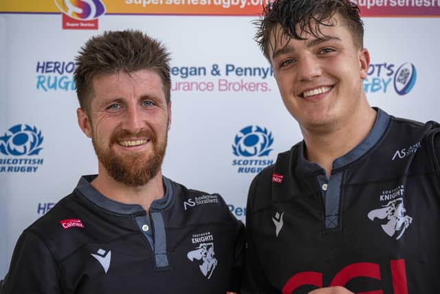 Southern Knights captain Gregor McNeish with, right, man of the match Sam Derrick at Heriot's on Saturday (Photo: Jonathan Cruickshank)