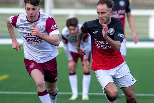 Jordan Hunter in action during Gala Fairydean Rovers' 3-0 Scottish Lowland Football League Cup first-round win at home to Linlithgow Rose on Saturday (Pic: Thomas Brown)