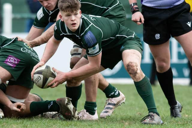 Hector Patterson playing for Hawick versus Currie Chieftains at the Greens' Mansfield Park home ground in March 2023 (Photo by Mark Scates/SNS Group/SRU)