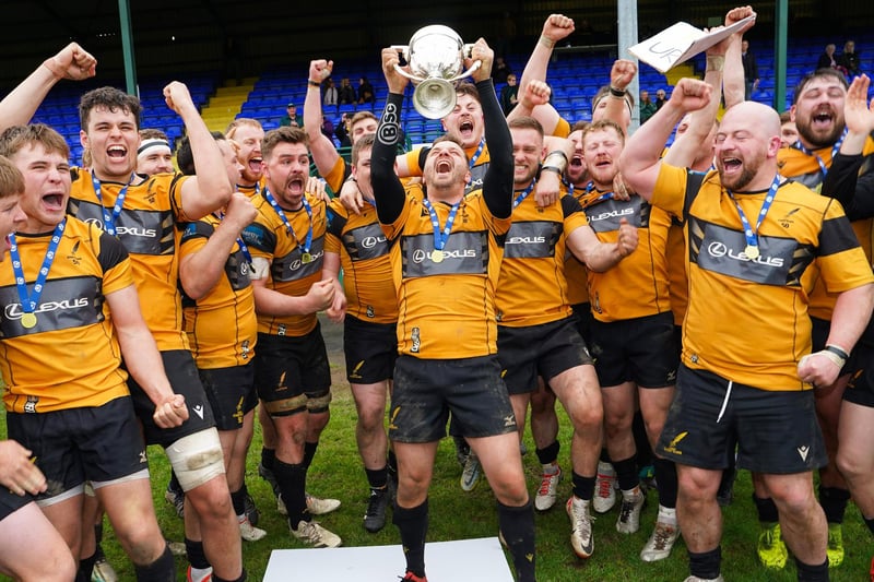 Currie Chieftains players celebrating winning rugby's Scottish Premiership title at Hawick's Mansfield Park home ground on Saturday (Photo by Simon Wootton/SNS Group/SRU)