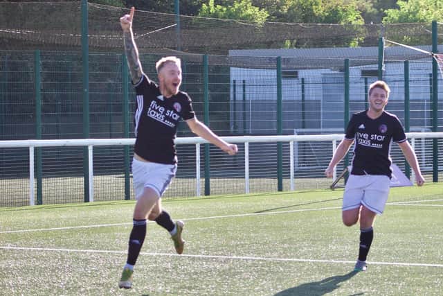 Daryl Healy celebrating scoring for Gala against Spartans (Photo courtesy of Gala Fairydean Rovers)