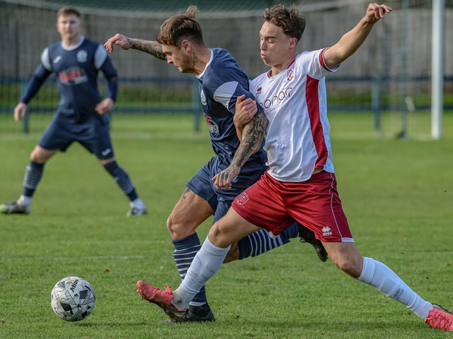 Nathan Masson defending for Vale of Leithen during their 3-2 loss at home to Tynecastle at Victoria Park in Innerleithen on Saturday (Photo: Hilary Isaac)