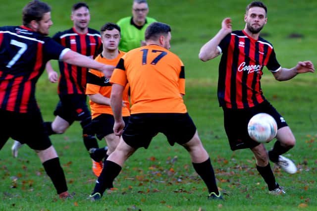 Hawick Colts beating Hawick United 6-2 in their Border Amateur Football Association B division derby at the town's Wilton Lodge Park on Saturday (Photo: Alwyn Johnston)