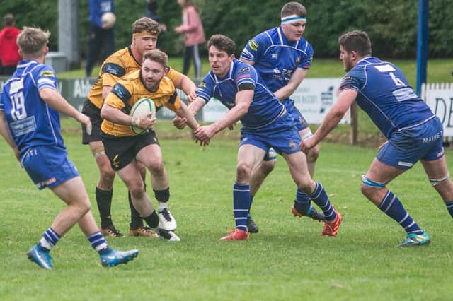 Currie Chieftains' DJ Innes on the ball against Jed-Forest at Riverside Park on Saturday (Photo: Bill McBurnie)