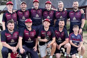 Selkirk’s 2026 Ronnie Simpson Memorial Trophy winning team of, back from left, Shaun Wilkinson, Rory Banks, Mikael Badenhorst, Liam Skeldon, David Playfair and Blaine Gillie, with, front, Ewan Torrance, Michael Fenton, captain Daniel Heard, David Gardiner and Michael Gillie (Photo: John Smail)