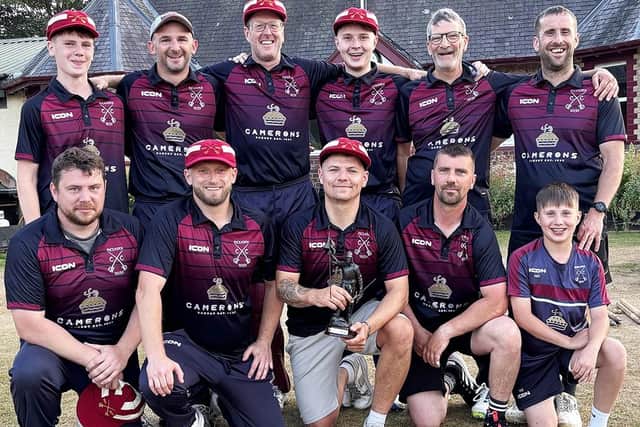 Selkirk’s 2026 Ronnie Simpson Memorial Trophy winning team of, back from left, Shaun Wilkinson, Rory Banks, Mikael Badenhorst, Liam Skeldon, David Playfair and Blaine Gillie, with, front, Ewan Torrance, Michael Fenton, captain Daniel Heard, David Gardiner and Michael Gillie (Photo: John Smail)