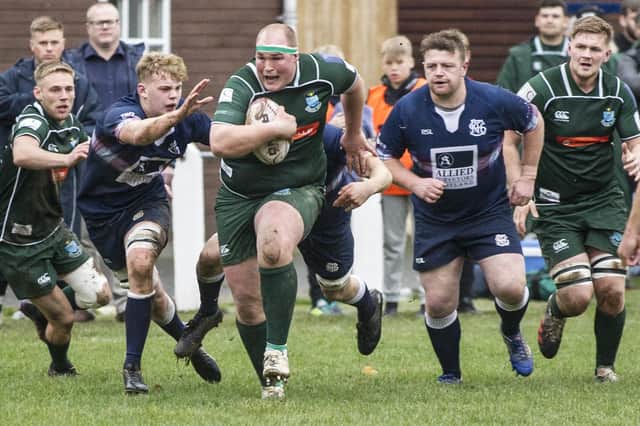 Matt Carryer on the charge for Hawick during their 17-8 derby victory at Selkirk's Philiphaugh home ground on Saturday (Photo: Bill McBurnie)