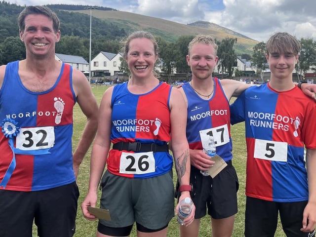 From left, Moorfoot Runners’ Colin Williams, Jo Wallace, Jack Philip and Rory Pretswell after completing Saturday’s Lee Pen hill-race at Innerleithen (Photo: Ross Grieve)