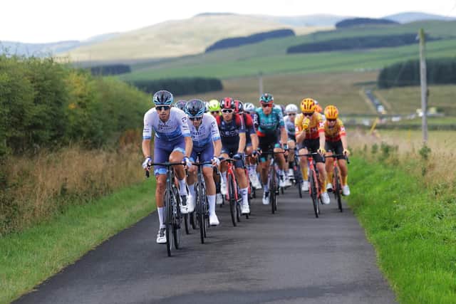 Reto Hollenstein leading the peloton away from Hawick on stage two of 2022's Tour of Britain (Picture by Alex Whitehead/SWpix.com)