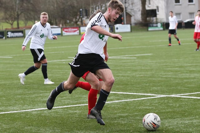 Graeme Clark in action during Langlee Amateurs' 5-0 win at home to Tweeddale Rovers in the Border Amateur Football Association's A division on Saturday (Photo: Brian Sutherland)