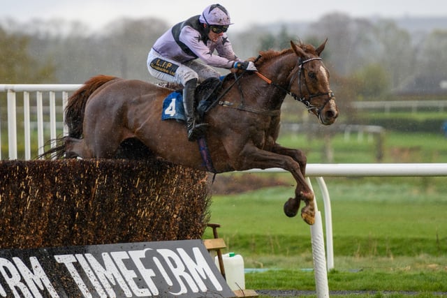 Soldier of Rock winning the Weatherbys Hamilton Buccleuch Cup maiden hunters' chase for North Yorkshire trainer Courtney Tinkler and jockey Joe Wright at Kelso Racecourse on Monday (Photo: Alan Raeburn)