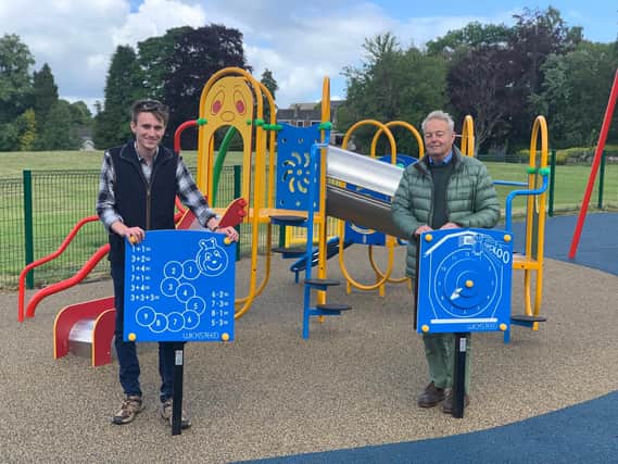 Councillors Scott Hamilton and Sandy Scott at Allerley Well Play Park. Photo: SBC.