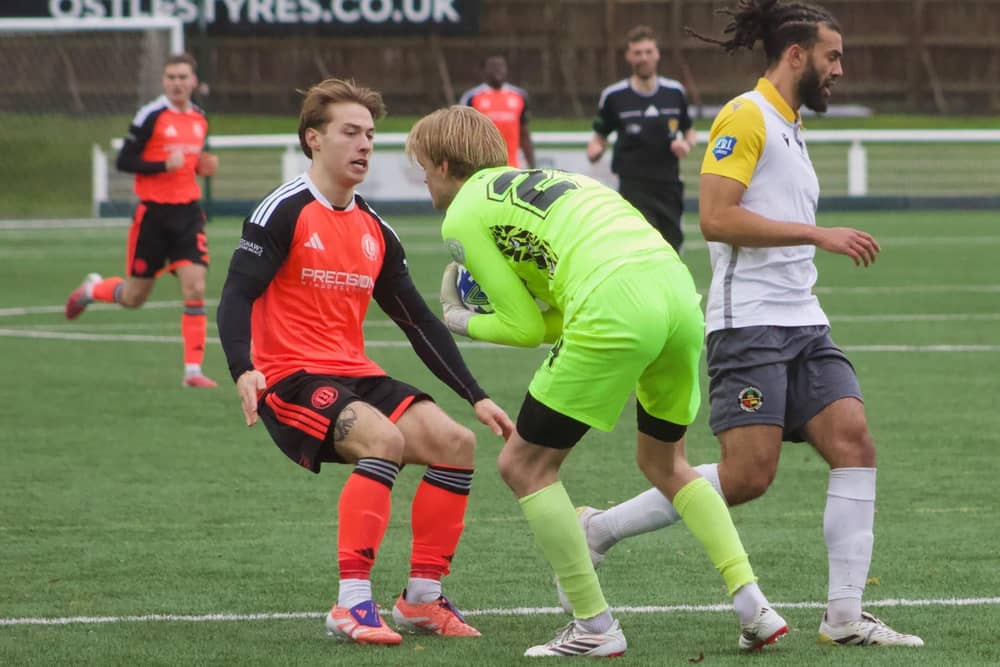 Lewis Hall challenging visiting goalkeeper Owen Hayward during Gala Fairydean Rovers’ 1-1 draw at home to Berwick Rangers on Saturday at Netherdale Stadium (Photo: Gala Fairydean Rovers)