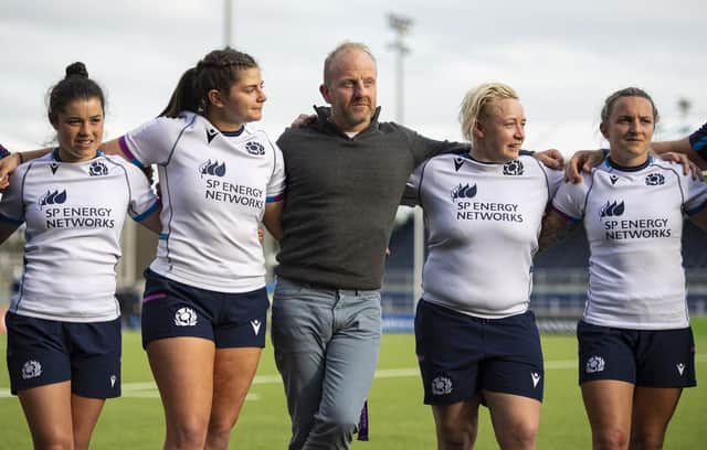 Scotland women's rugby team head coach Bryan Easson, second from left, pictured with, from left, Borderers Lisa Thomson, Lana Skeldon and Chloe Rollie last month (Photo by Ross MacDonald/SNS Group/SRU)