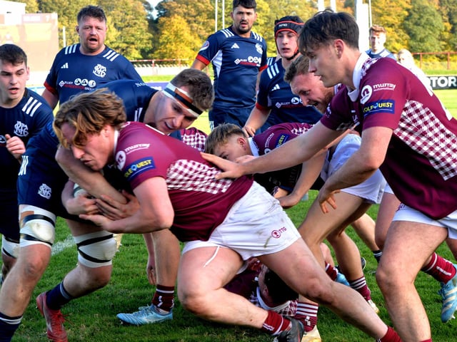 Gavin Fisher scoring a try for Gala as they beat Selkirk 41-12 at home at Netherdale on Saturday (Photo: Alwyn Johnston)
