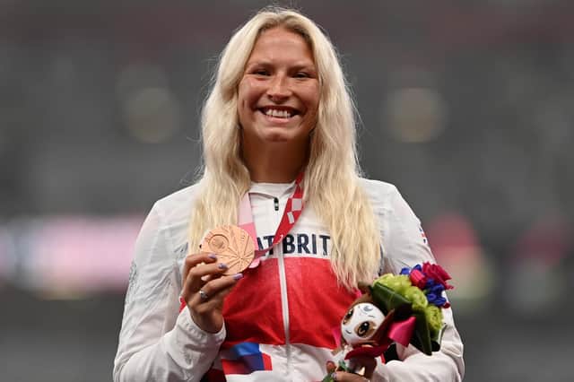 Gordon's Samantha Kinghorn at the medal ceremony for the women's 100m T53 on day eight of the Tokyo 2020 Paralympic Games today (Photo by Alex Davidson/Getty Images for International Paralympic Committee)
