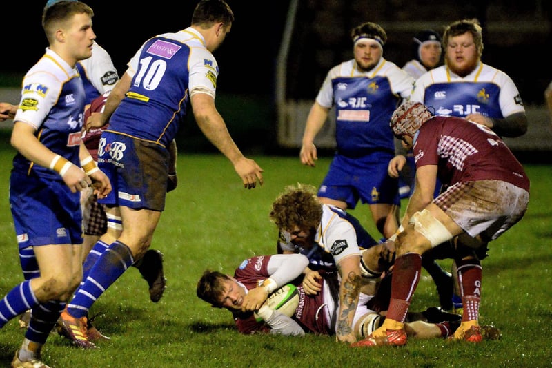A Gala attack being stopped during their 24-21 Border League win away to Jed-Forest on Friday (Photo: Alwyn Johnston)